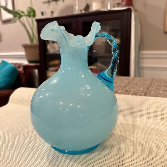 Sky Blue Ruffled Trim Blown Glass Jug With Handle / Vase Centerpiece Art Vintage - Picture 1 of 8